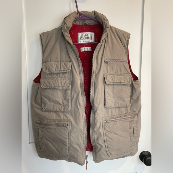 Vintage JJ Cochran Mens Sz Med Khaki Multi Pocket Duck Down Puffer Vest - Picture 1 of 7